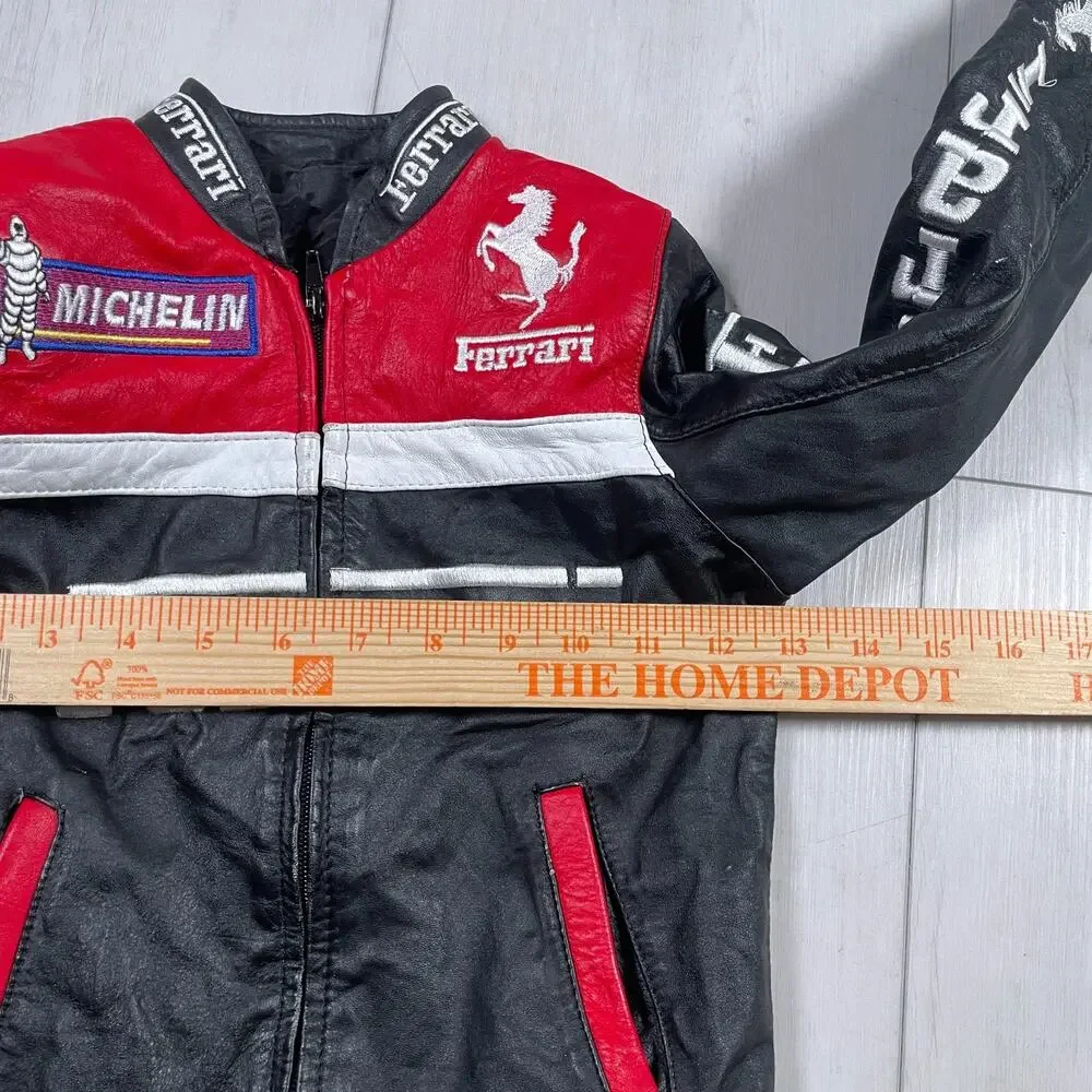 Ferrari Kids Size 4 Racing Leather Jacket Vintage Style Black Red Racing F1